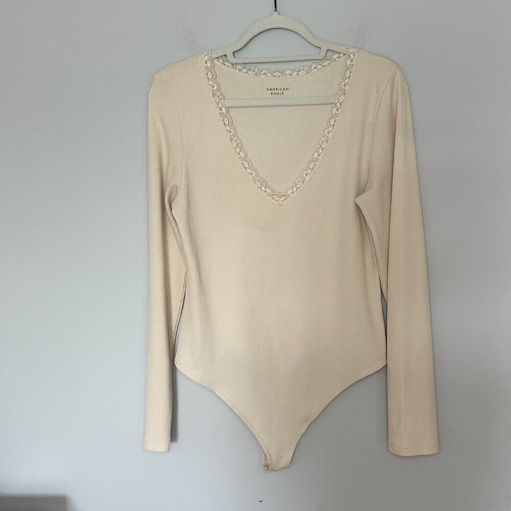 American Eagle V-Neck Bodysuit Top Womens XL Waffle Knit Lace Trim Cream Fitted